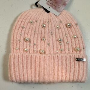 NWT Jessica Simpson Women’s Pink Pearl Cuffed Knit Beanie Hat